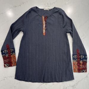 Soft Surroundings Shirt Top Womens‎ Medium Gray Metallic Embroidered Long Sleeve